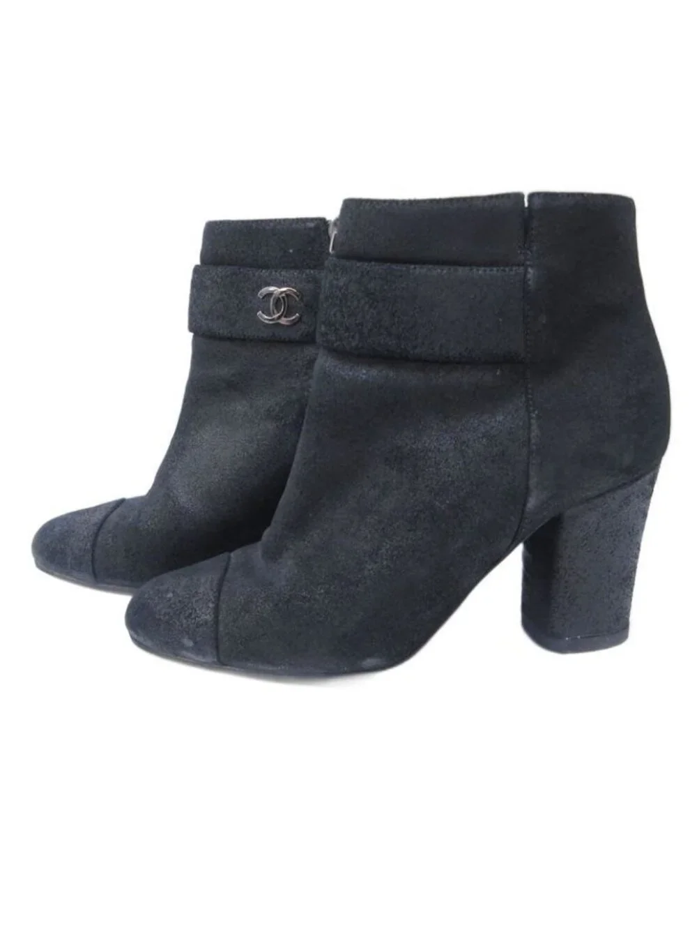 Chanel Suede Coco Mark Short Boots Heel Side Zip Black 36 - Picture 2 of 8